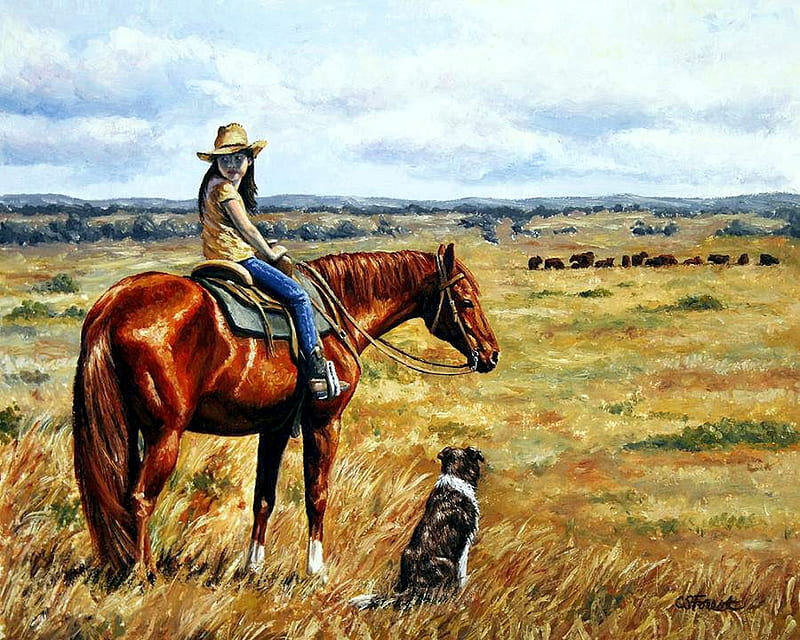 Waiting for Dad, girl, cattle, painting, prairie, horse, artwork, dog, HD wallpaper