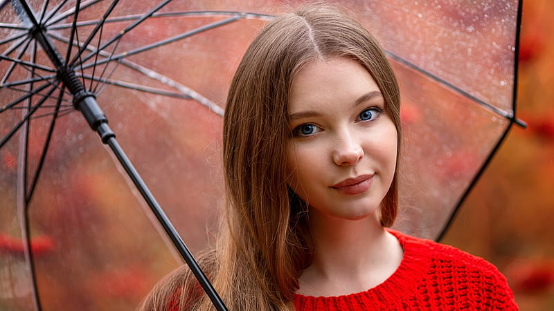 Christina Vostruhina, Umbrella, Model, Red, Outdoors, HD wallpaper