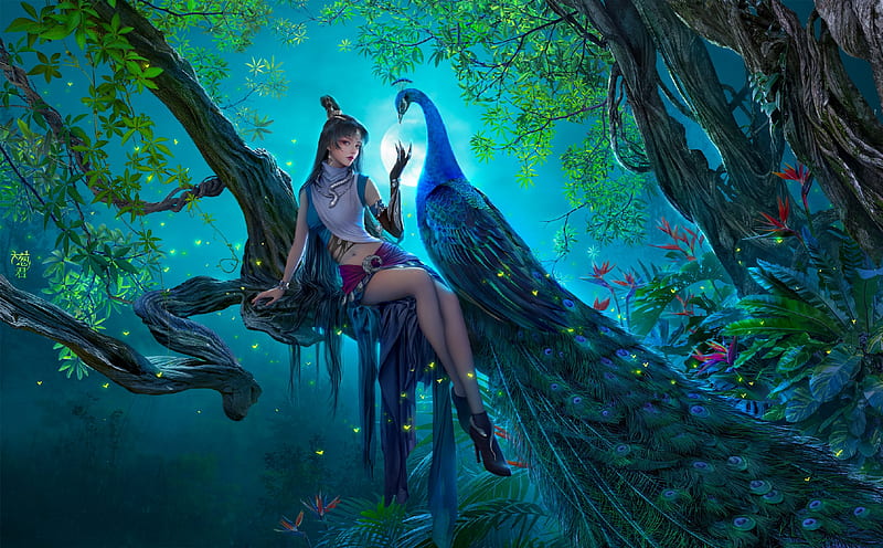 Magical Night, tree, fantasy, girl, peacock, digital, woman, night, pretty, art, moon, HD wallpaper