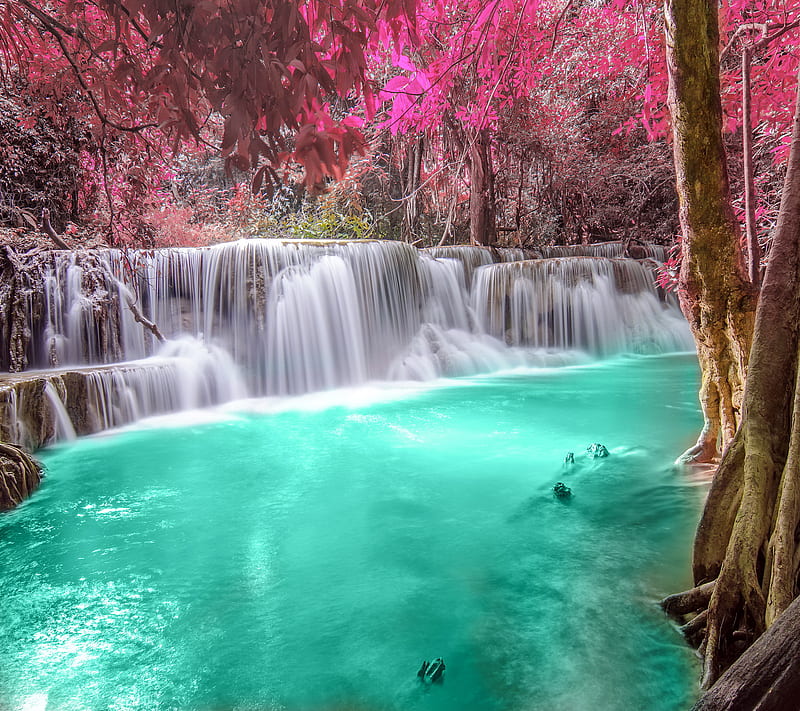 Waterfall, autumn, emerald, forest, river, HD wallpaper
