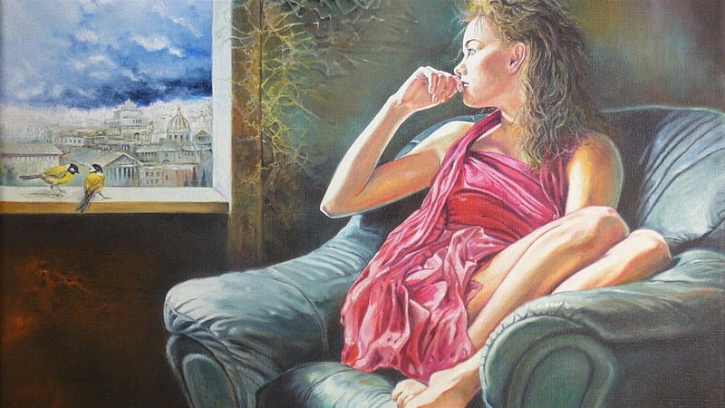 window, girl, chair, painting, tit, HD wallpaper