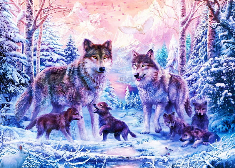 Wolf Family, predator, snow, artwork, winter, pups, HD wallpaper