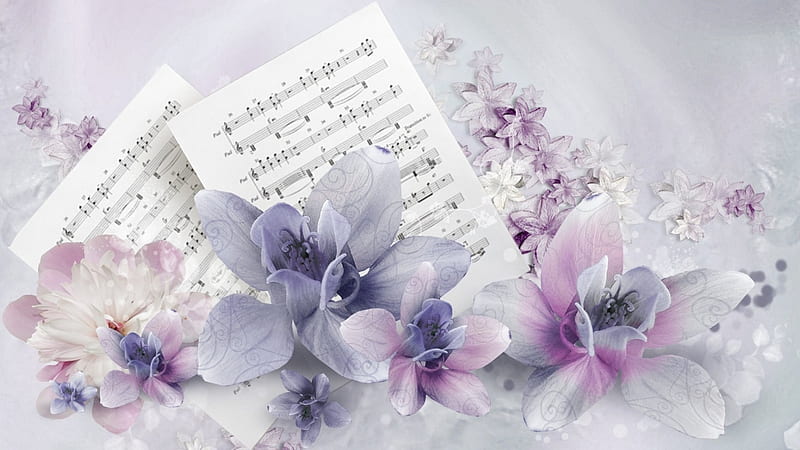 Lavender Music, notes, lavender, sheet music, delicate, floral, orchids, flowers, musical, Firefox Persona theme, HD wallpaper