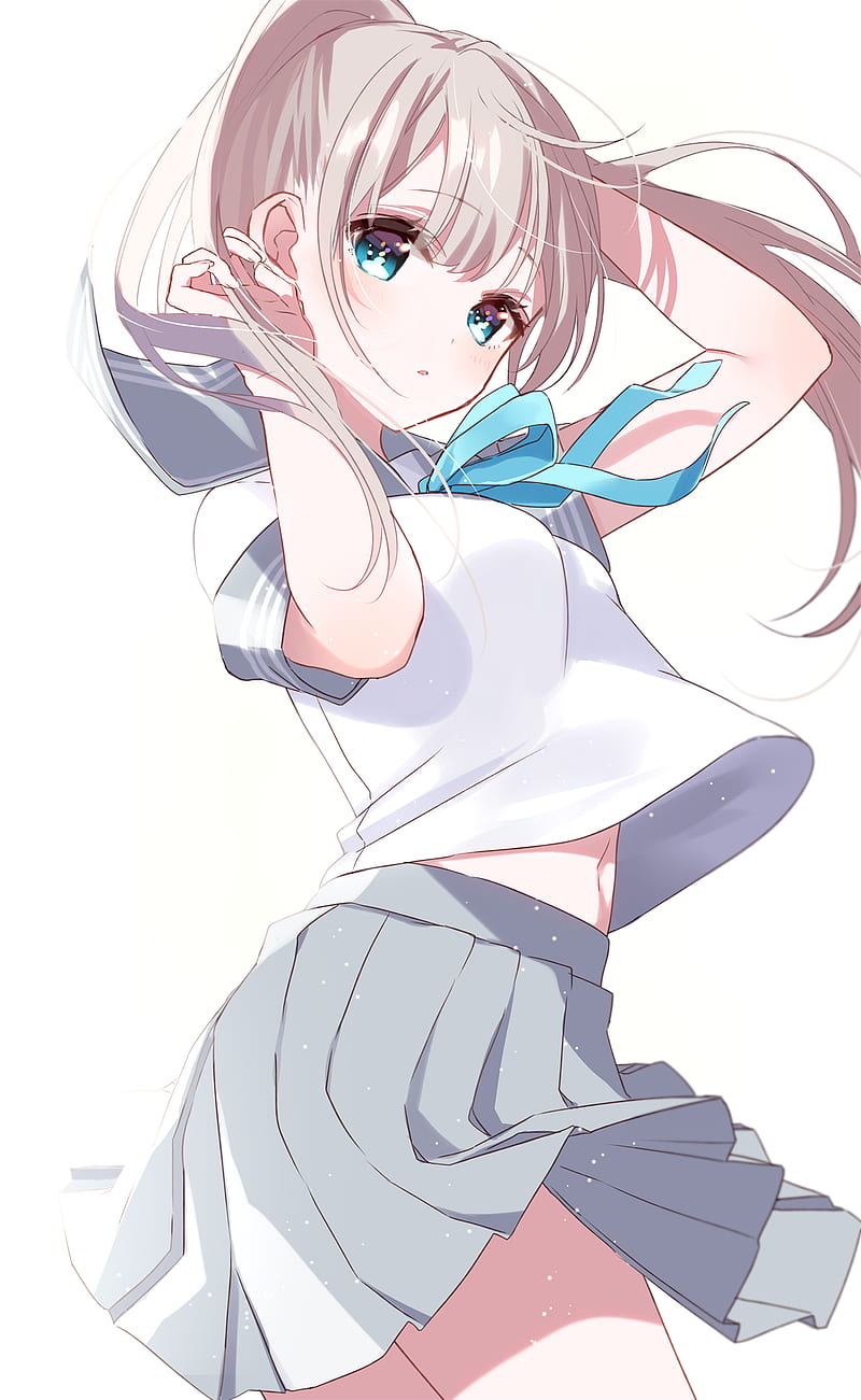 HD wallpaper anime anime girls digital art portrait display simple background long hair gray hair blue eyes arms up school uniform