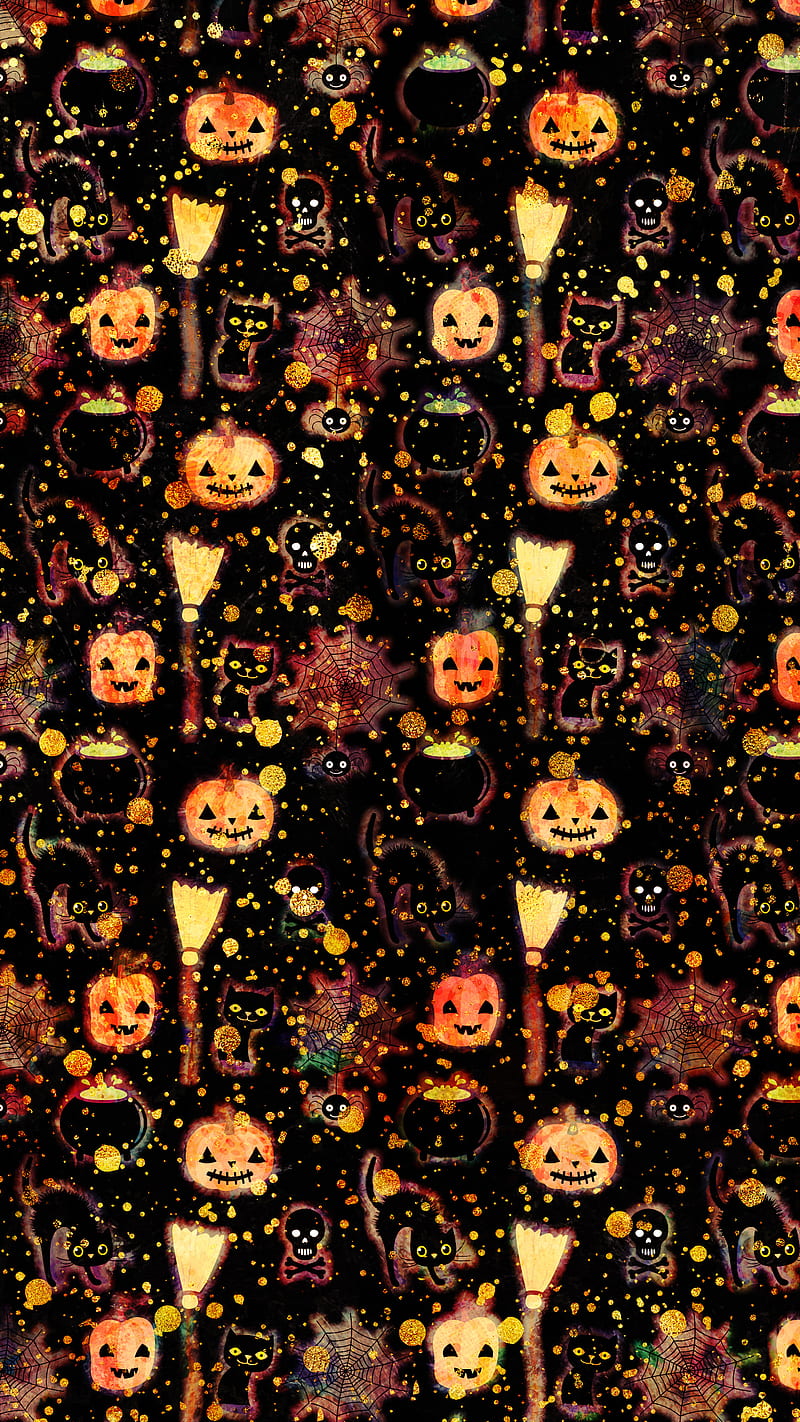 Fun Halloween Pumpkins, Adoxali, Jack O Lantern, Jack O'Lantern, October, autumn, black, broom, cat, cauldron, celebration, cute, day of the dead, dots, fall, funny, glitter, gold, holiday, illustration, kawaii, kitty, orange, pattern, poison, scary, skull, spooky, treat, trick, watercolor, HD phone wallpaper