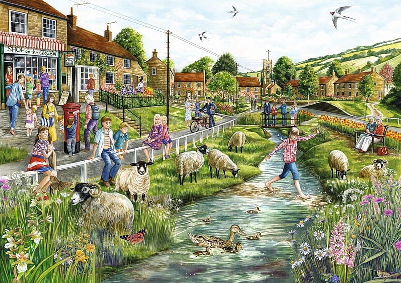 Village Life, sheep, houses, people, birds, painting, flowers, creek, artwork, ducks, HD wallpaper