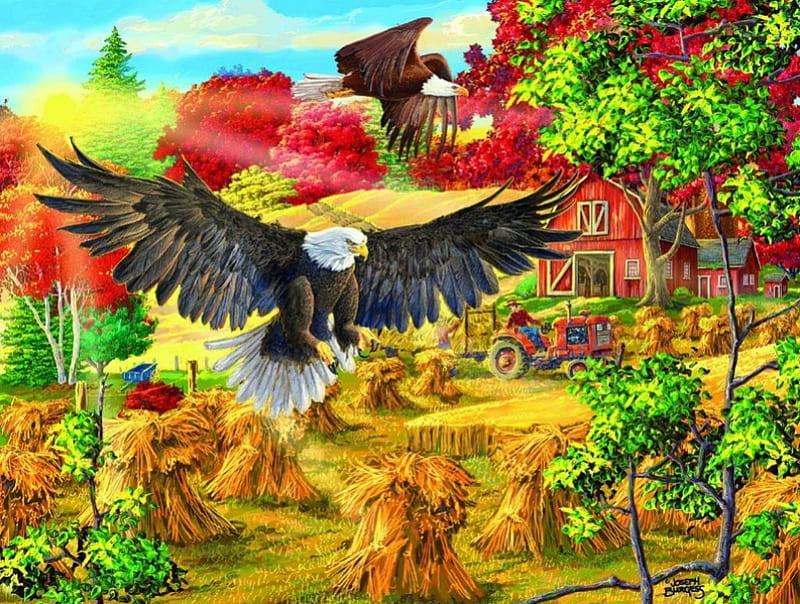 Golden Glory, harvest, painting, eagle, flowers, artwork, HD wallpaper