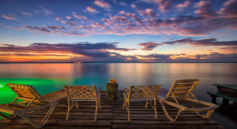 Amazing View, deck, ocean, wooden pier, chairs, sunrise, clouds, sky, HD wallpaper
