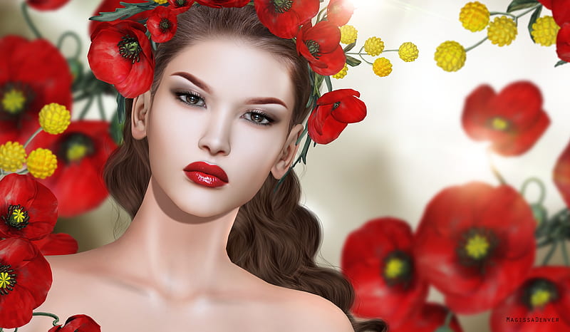 Kira, rendering, flower, face, fantays, poppy, red, frumusete, luminos, magissa denver, magissadenver, HD wallpaper