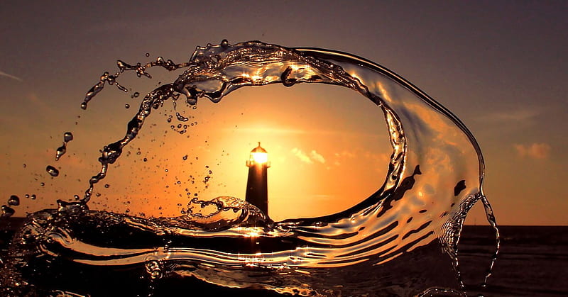 Sunset Lighthouse, art, water, drops, waves, sea, HD wallpaper