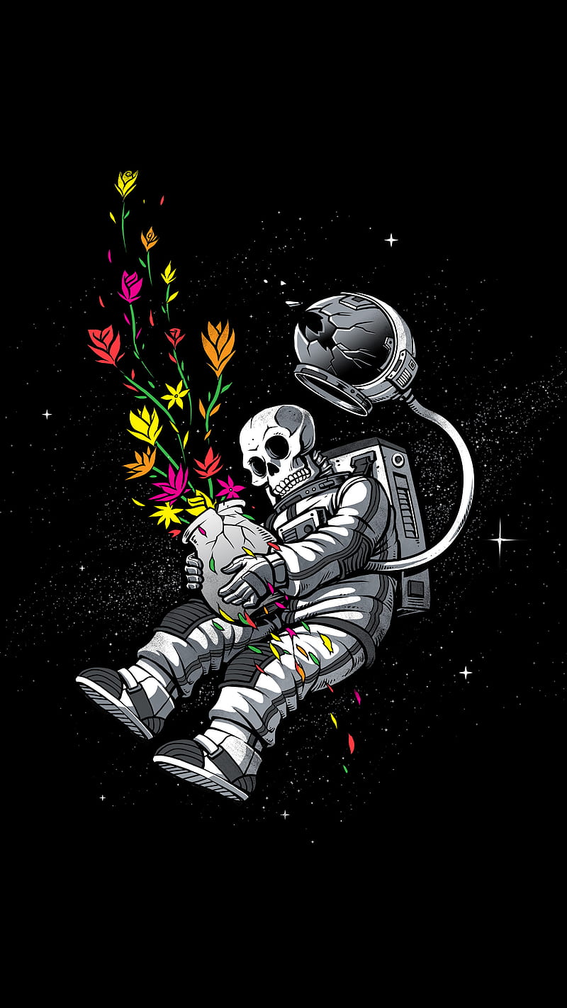 End Of Humanity, End, Tobe, astronaut, cosmos, floral, flowers, minimal, skeleton, skull, space, stars, universe, HD phone wallpaper
