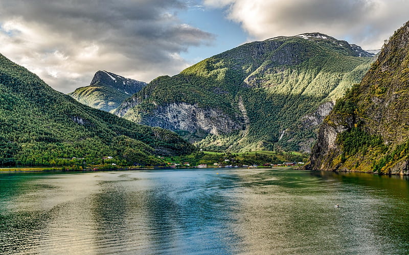 Aurland, Fjord, mountains, rocks, Norway, mountain landscape, HD wallpaper