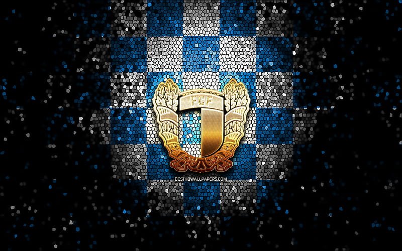 Famalicao FC, glitter logo, Primeira Liga, blue white checkered background, soccer, portuguese football club, Famalicao logo, mosaic art, football, FC Famalicao, HD wallpaper