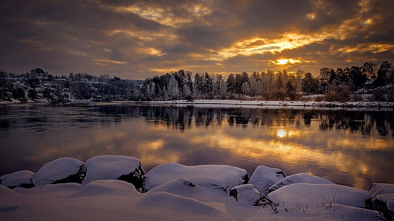 Norway Lake With Snow During Winter In Background Of Clouds Nature, HD wallpaper