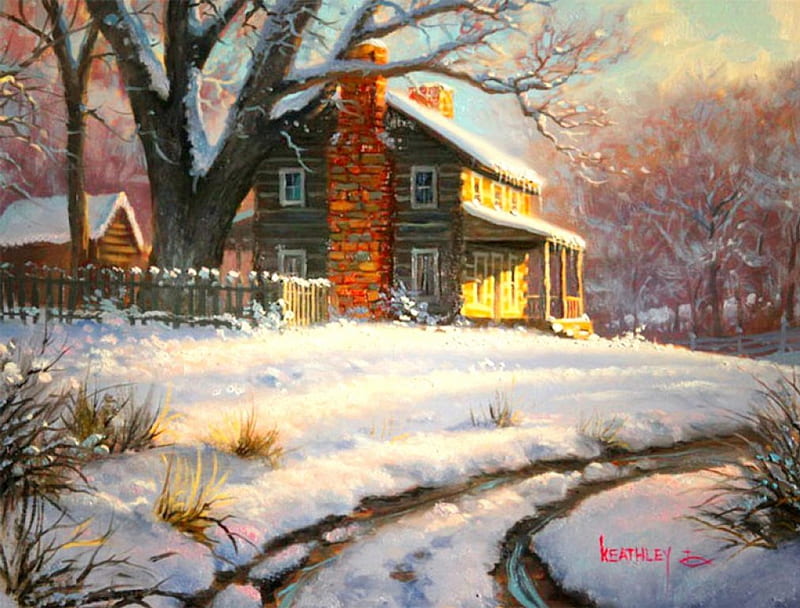 Winter house, art, house, bonito, winter, countryside, snow, painting ...