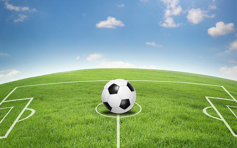 football stadium, green football lawn, football concepts, soccer ball, blue sky, HD wallpaper