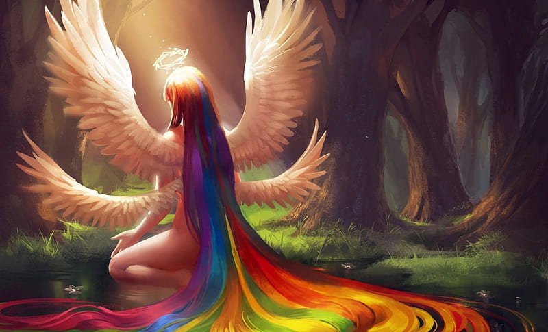 Angel Rainbow Hair, pretty, wings, vivid, lovely, angel, bonito, rainbow,  Heaven, HD wallpaper | Peakpx