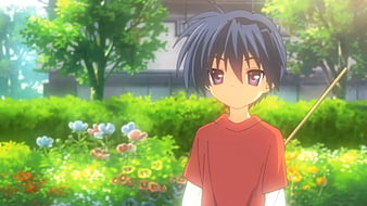 Clannad anime boy floating in water smiling