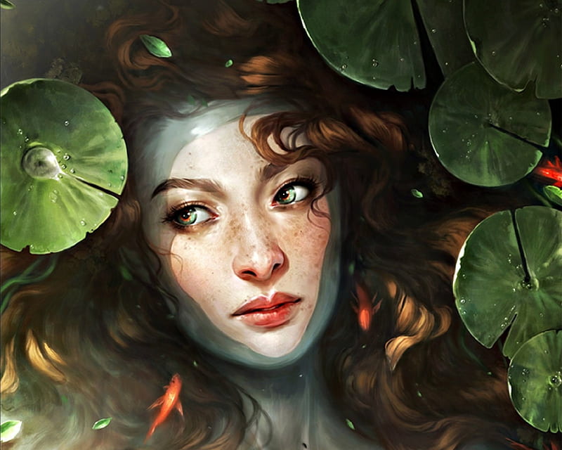 Mermaid, red, art, lily pad, fish, charlie bowater, freckles, woman, leaf, fantasy, water, girl, green, beauty, face, HD wallpaper
