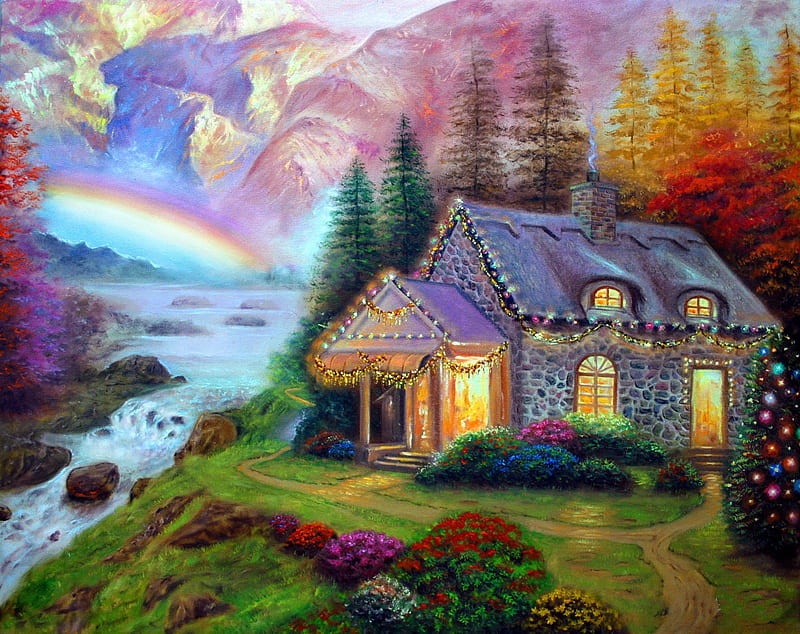 Rainbow wishes, rocks, pretty, house, grass, cabin, bushes, lights, mountain, countryside, nice, stones, village, flowers, lovely, holiday, christmas, decoration, lonely, new year, sky, trees, noel, water, serenity, colorful, cottage, rainbow, bonito, villa, cascades, painting, river, calmness, creek, holy, peaceful, wishes, HD wallpaper