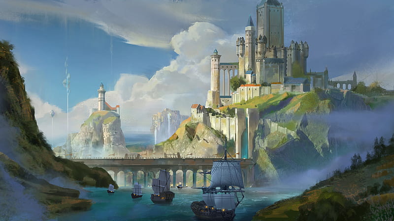 ships, castle, rocks, bridge, art, HD wallpaper
