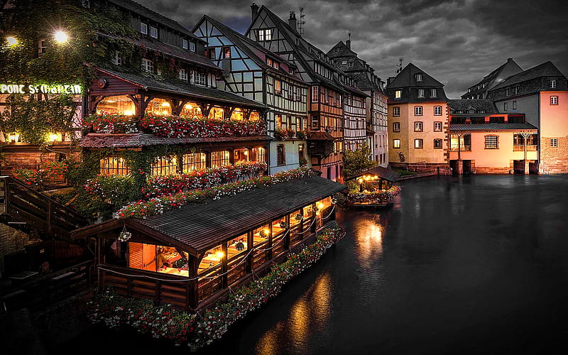 Strasbourg, nightscapes, french cities, water channel, France, Europe, HD wallpaper