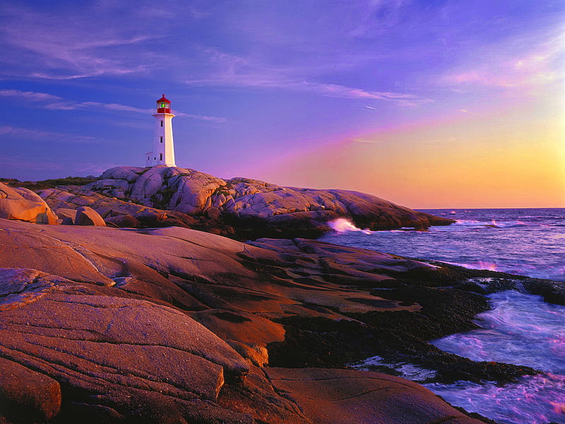 Lighthouse at sunrise, rocks, shore, ocean, bonito, sunset, sky, clouds, lighthouse, sea, beach, sundown, stones, water, summer, nature, sunrise, HD wallpaper