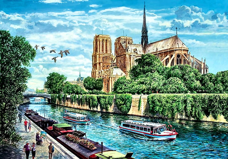 Notre Dame Cathedral C, architecture, cathedral, religious, bonito, illustration, artwork, Paris, painting, wide screen, river, scenery, art, Notre Dame, moat, France, church, chapel, HD wallpaper
