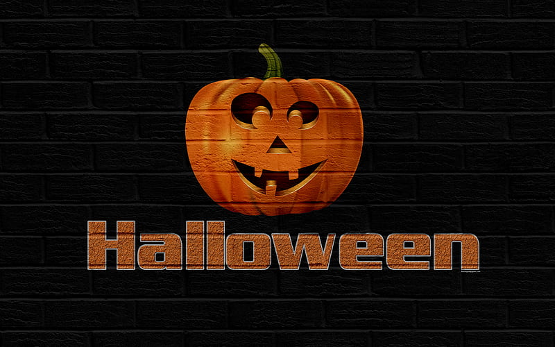 Halloween, pumpkin, autumn holidays, wall texture, brick wall, HD wallpaper