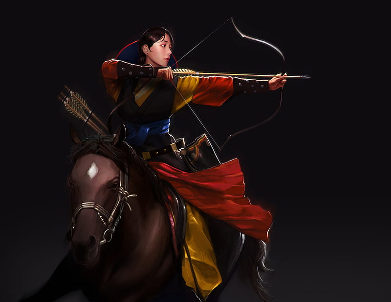 Joseon Dynasty, girl, black, asian, choong yeol lee, archer, horse, red, luminos, fantasy, HD wallpaper