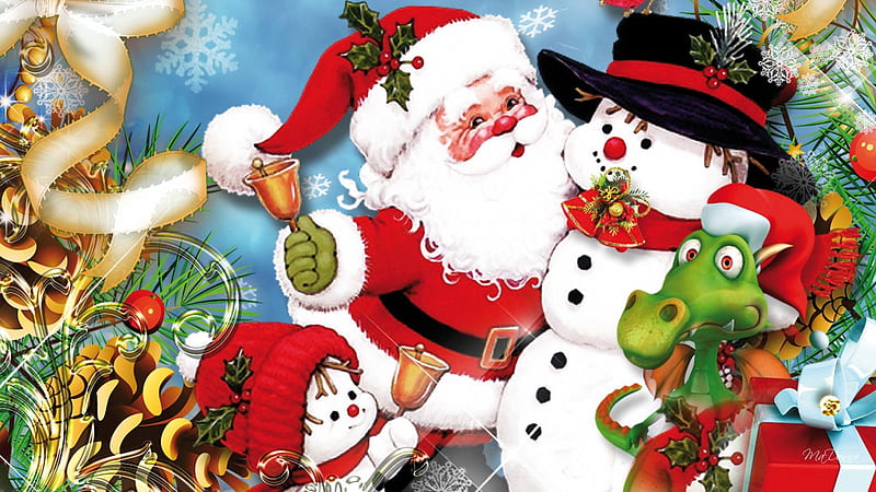 Santa Christmas Friends, feliz navidad, saint nicholas, christmas, children, snowman, dragon, saint nick, xmas, santa claus, winter, whimsical, kids, HD wallpaper