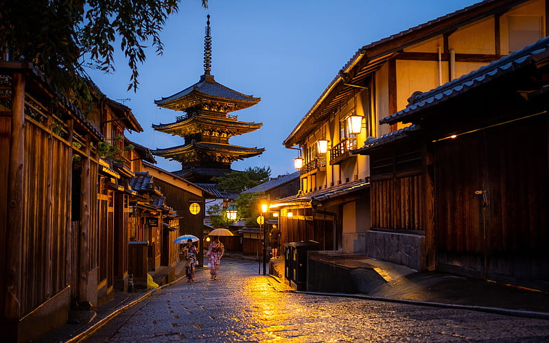 Kyoto, japanese cities, Yasaka Pagoda, street, nightscapes, japan, Asia, HD wallpaper