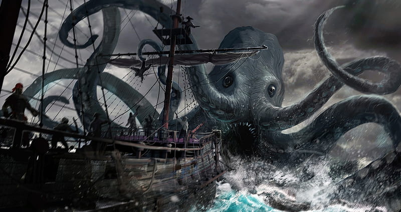 Sea monster, fantasy, octopus, ship, summer, caracatita, pirates, giant, art, vara, HD wallpaper