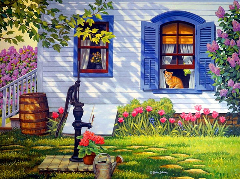 Sunlight and shadow, pretty, house, grass, cottage, home, bonito, bushes, countryside, nice, painting, path, village, flowers, rural, art, rustic, cozy, lovely, window, sunlight, shadow, spring, trees, cat, freshness, peaceful, summer, nature, HD wallpaper