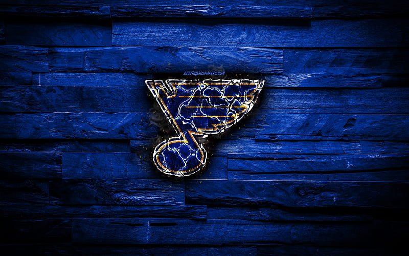 St Louis Blues, fiery logo, NHL, blue wooden background, american hockey team, grunge, Western Conference, hockey, St Louis Blues logo, fire texture, USA, HD wallpaper