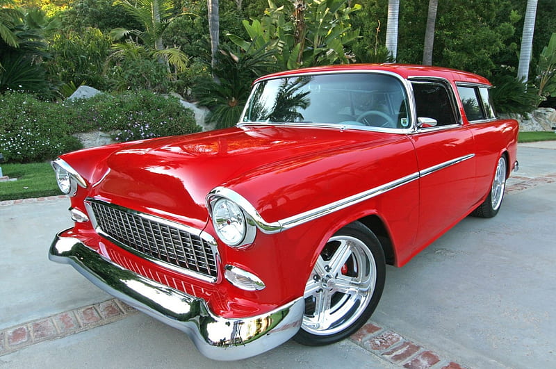 1955 Chevy Nomad, Classic, Red, Bowtie, 1955, HD wallpaper