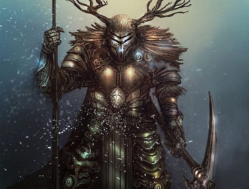 Druid-warrior, staff, weapons, antlers, helmet, HD wallpaper