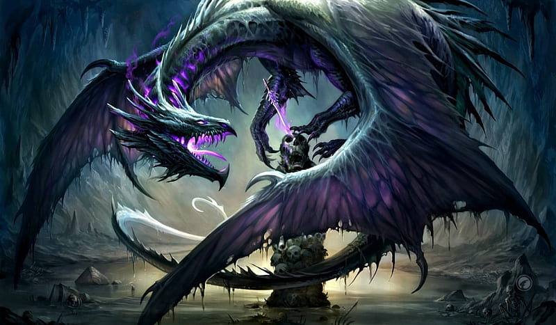 Black dragon, art, wings, luminos, sandara, fantasy, purple, skull, blue, HD wallpaper