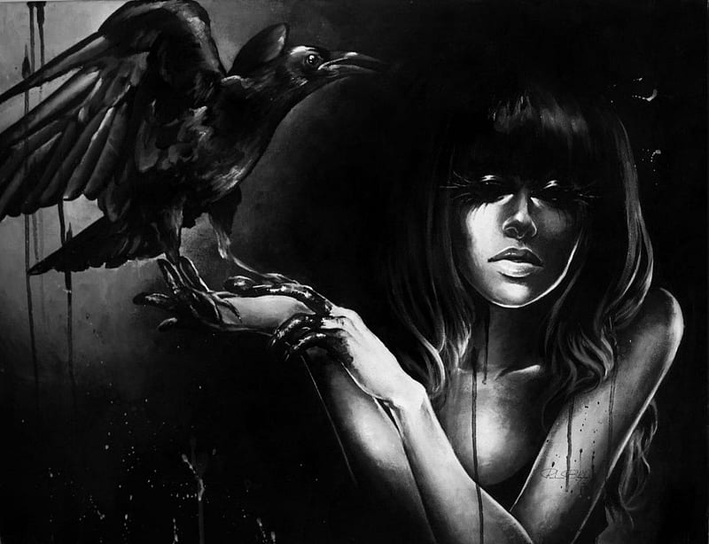 Witch And Crow, witch, dark, black, crow, white, blood, HD wallpaper