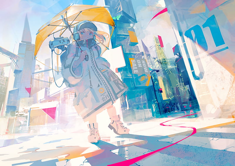 anime girl, polychromatic, urban, city, umbrella, headphones, Anime, HD wallpaper