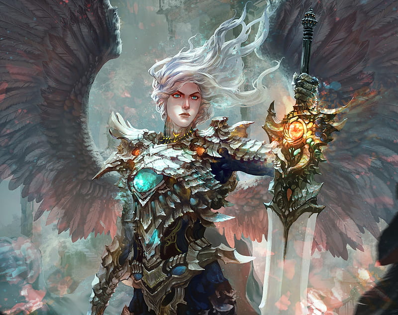 Archangel Uriel, wings, uriel, luminos, archangel, man, armor, fantasy, antilous, sword, blue, HD wallpaper