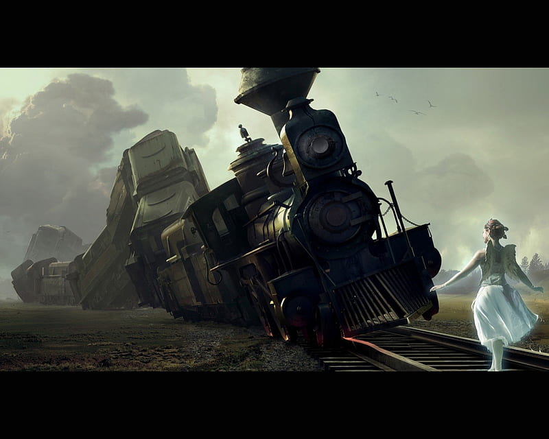 train stopper, engine, clouds, tracks, woman, carriages, HD wallpaper