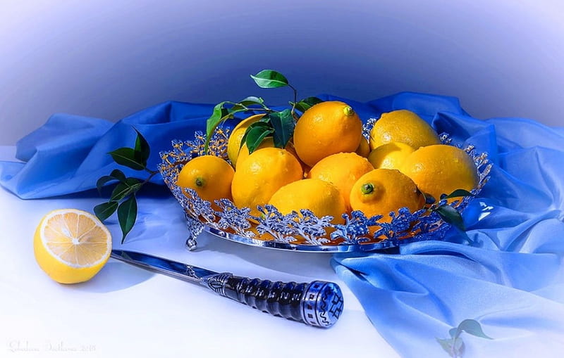 Blue and yellow, background, fruits, colors, yellow, abstract, still life, graphy, platter, brightly colored, arrangement, lemons, blue, HD wallpaper
