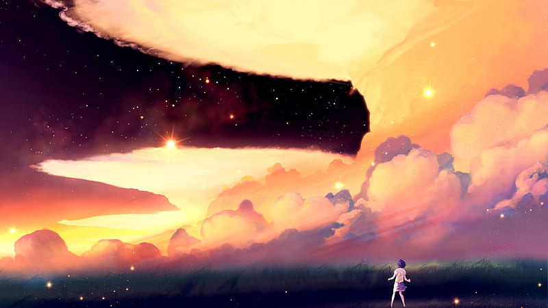 anime landscape, clouds, scenic, stars, field, anime girl, Anime, HD wallpaper