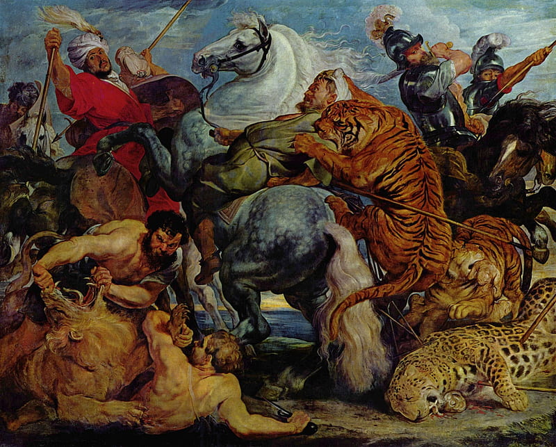 The tiger hunt, art, people, painting, man, pieter paul rubens, pictura, HD wallpaper