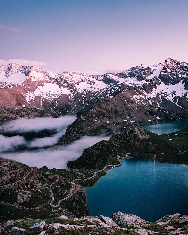 mountains, rocks, snow, snowy, lake, sky, HD phone wallpaper