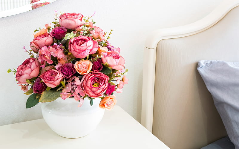pink peonies, beautiful bouquet, vase, bouquet of peonies, HD wallpaper