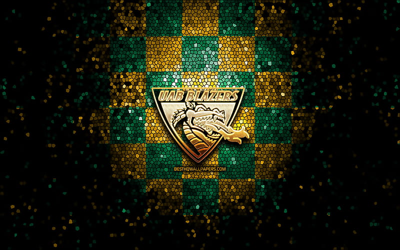 UAB Blazers, glitter logo, NCAA, green yellow checkered background, USA, american football team, UAB Blazers logo, mosaic art, american football, America, HD wallpaper