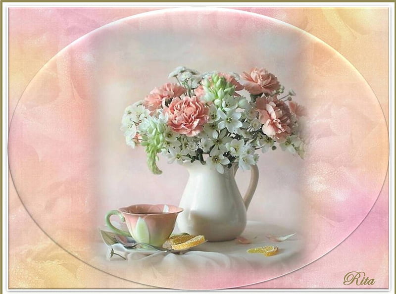 DELICIOUSLY DELICATE!, table, flowers, delicate colours, in jug, HD wallpaper