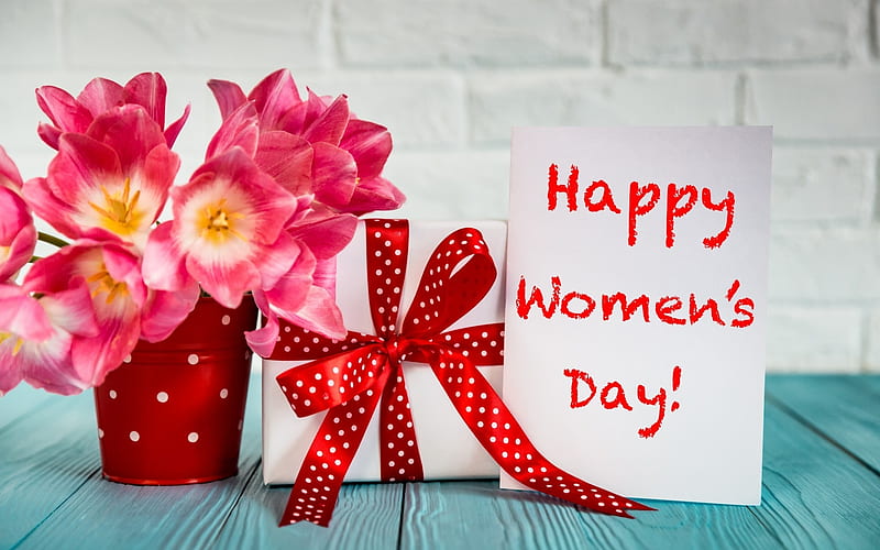 Happy Women's day, colorful, March 8, romantic, love, flowers, tulips, gift, pink, HD wallpaper